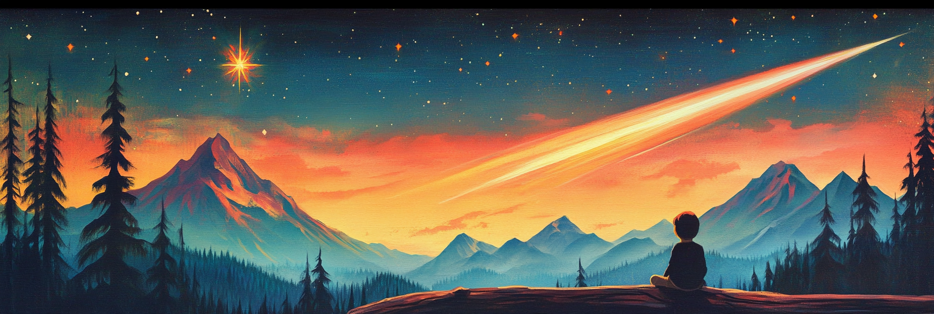 a young child stares out across the mountains at the night sky